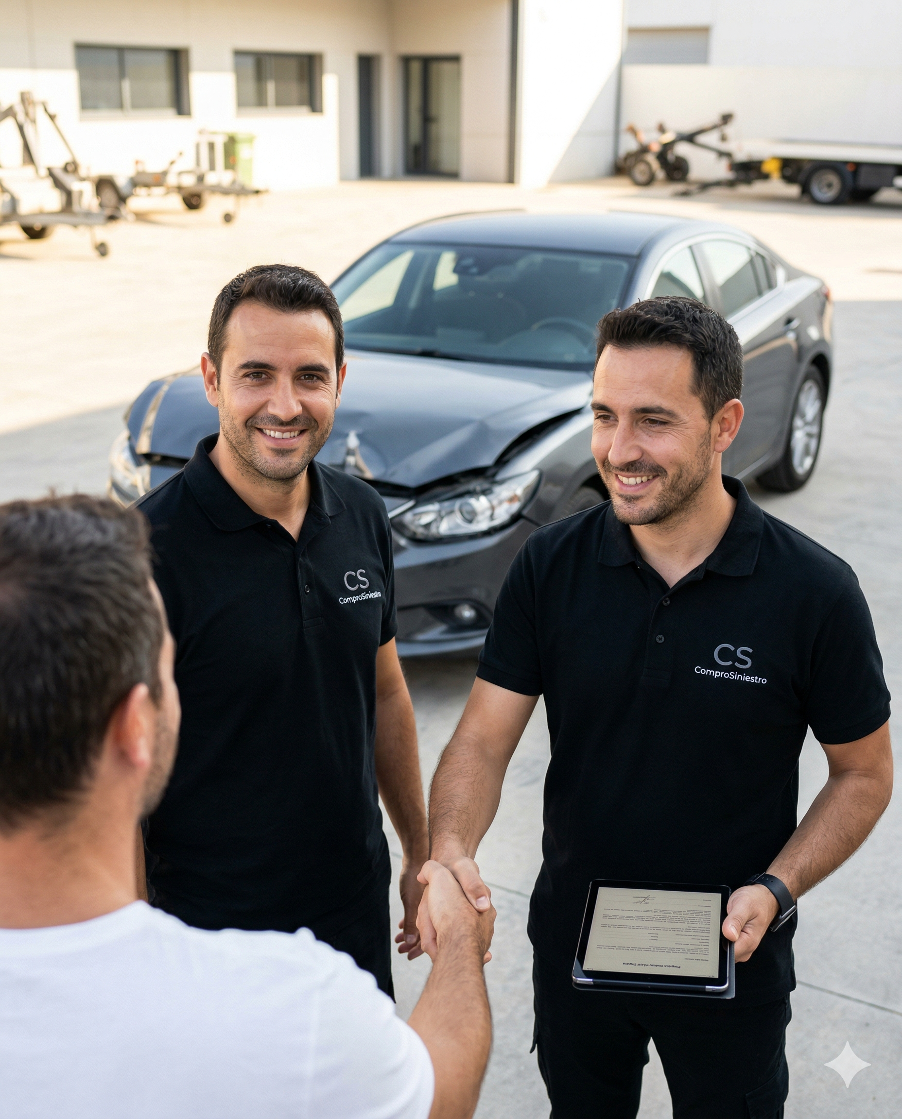Jose y David, fundadores de ComproSiniestro, tasando con una tablet junto a un vehículo averiado